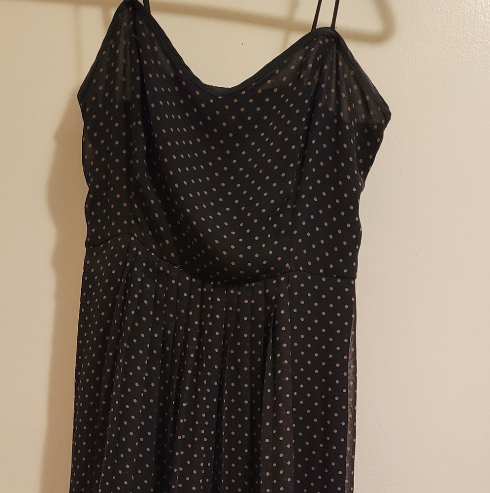 Forever 21 Womens Hi Lo Midi Party Dress L Black Tan Polka Dot Spaghetti Strap